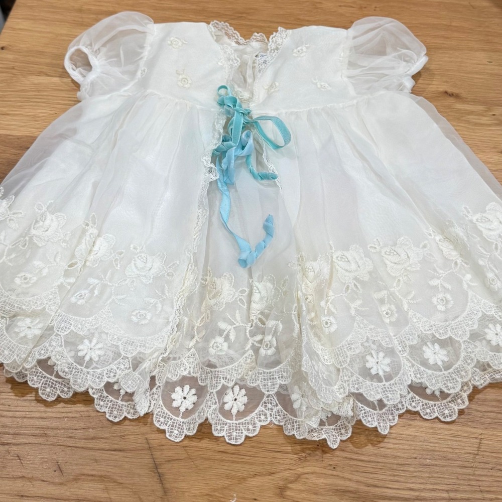 Vintage 50s Madonna 2pc Original Baby Christening Gown White Lace Sheer Organza